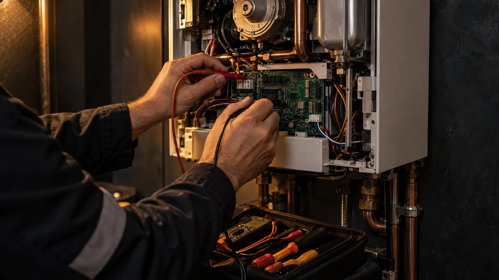 Teknisyen kombi elektronik kartında multimetreyle arıza tespiti yapıyor